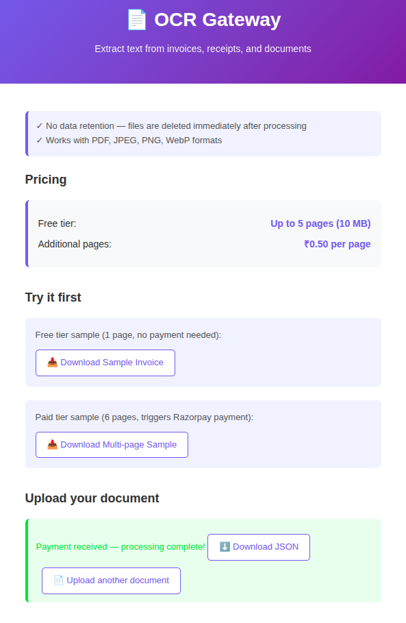 OCR Gateway showing payment received and processing complete