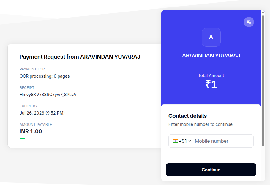 Razorpay payment request for OCR processing