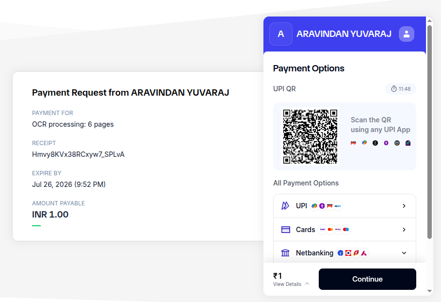 Razorpay payment options screen